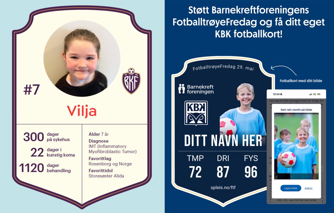 Vilja (7) har hatt 300 dager på sykehus. Hun er tatt ut på «Verdens fineste lag» i regi av Barnekreftforeningen. Du kan støtte forskning på kreft og lage ditt eget fotballkort ved å delta i KBKs Spleis til fotballtrøyefredag.